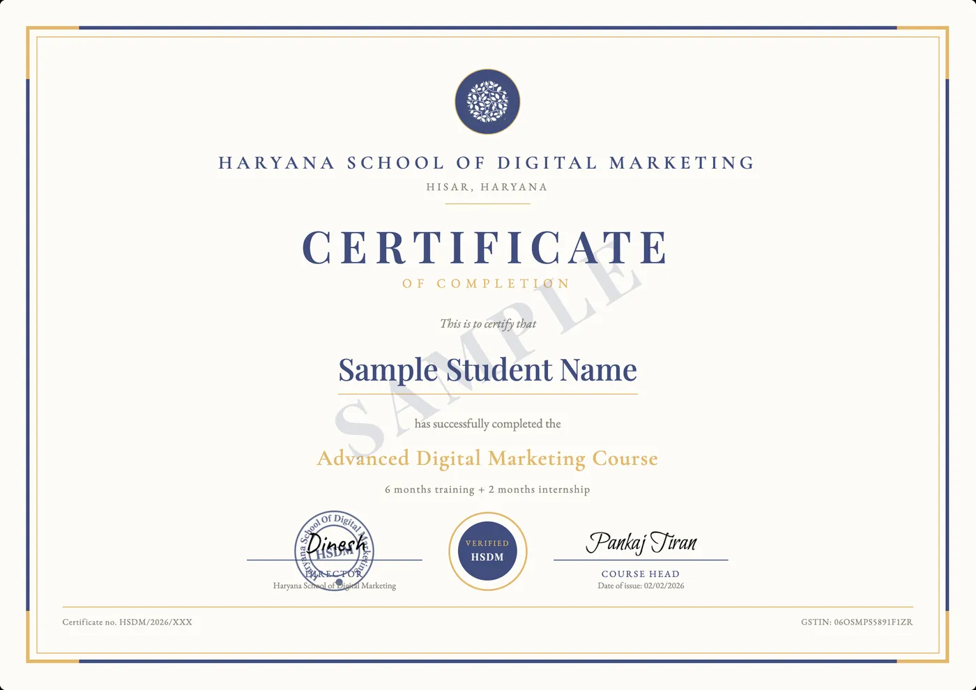 Sample HSDM certificate of completion